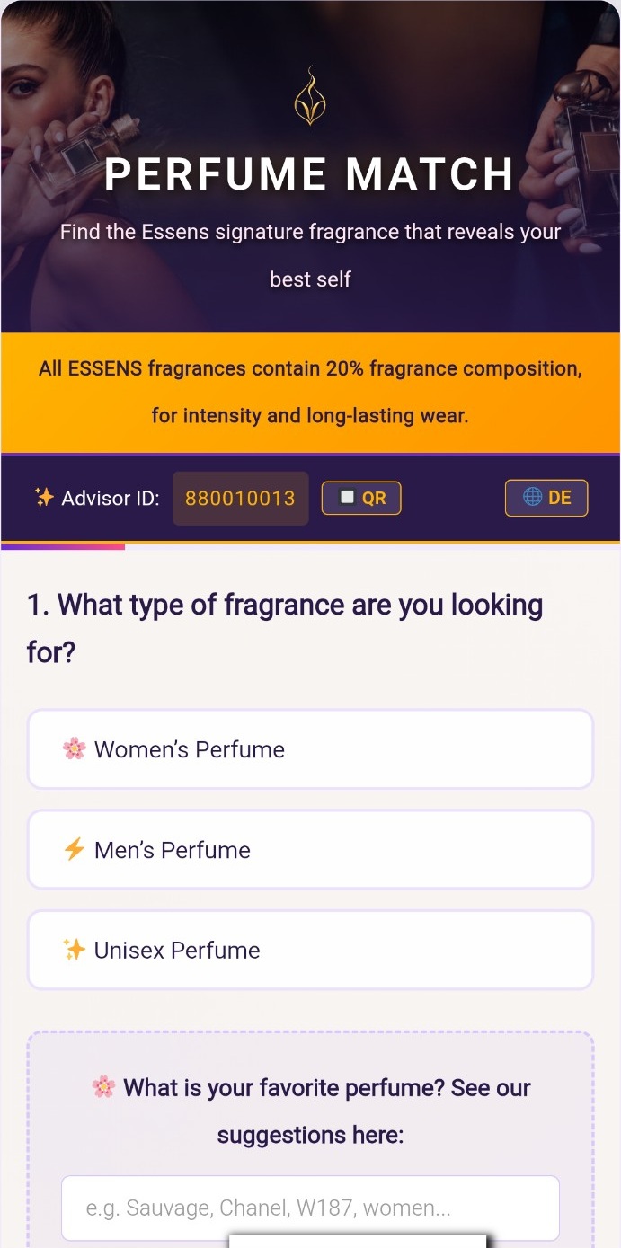 Actual Perfume Match screenshot: women's, men's or unisex perfume selection